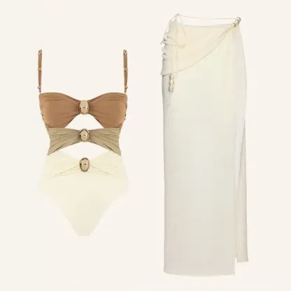 New Women‘s Swimsuit Buttons One Piece Sarong Swimwear 