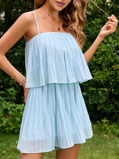 Solid color suspender dress with two layers of lotus leaf A-line skirt-chiquechics