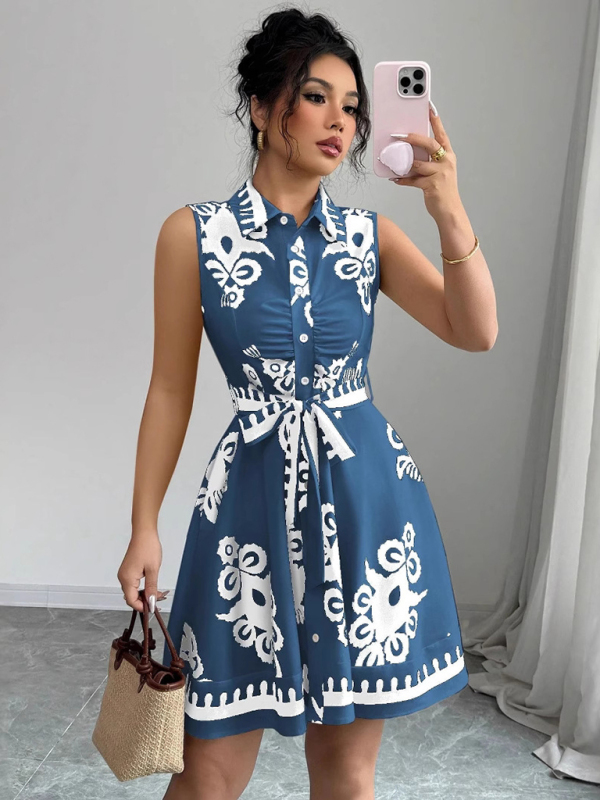 Women's Fashion Printed Waist Tie Sleeveless Dress-chiquechics