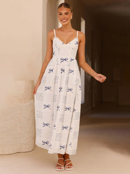 New V-neck waist holiday backless bow print dress-chiquechics