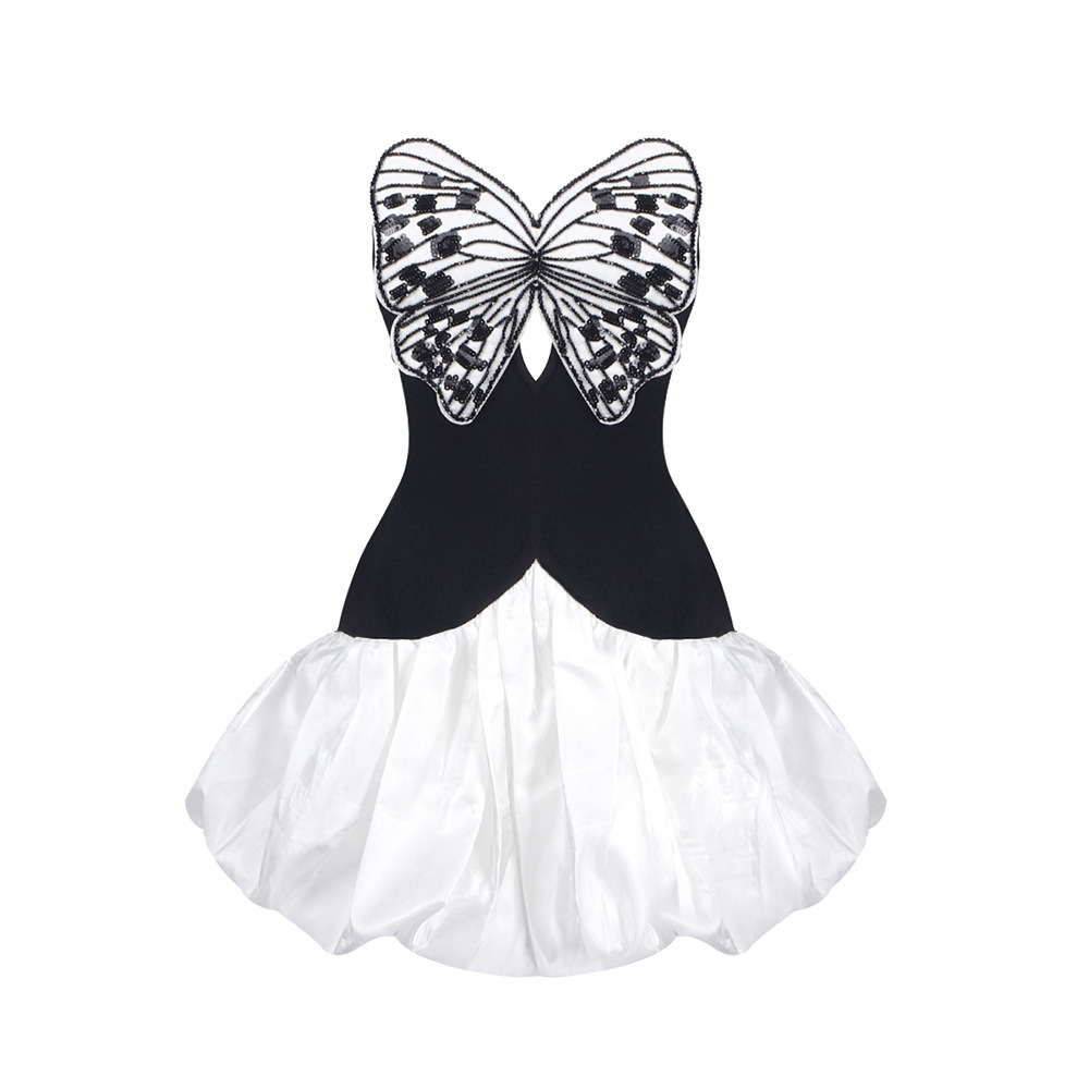 Sexy chest hugging patchwork butterfly embroidery backless dress fluffy dress-chiquechics