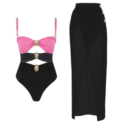 New Women‘s Swimsuit Buttons One Piece Sarong Swimwear 