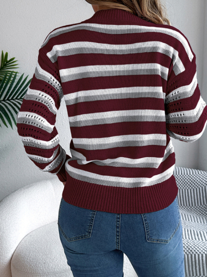 Casual hollow color block striped lantern long sleeve pullover sweater-chiquechics