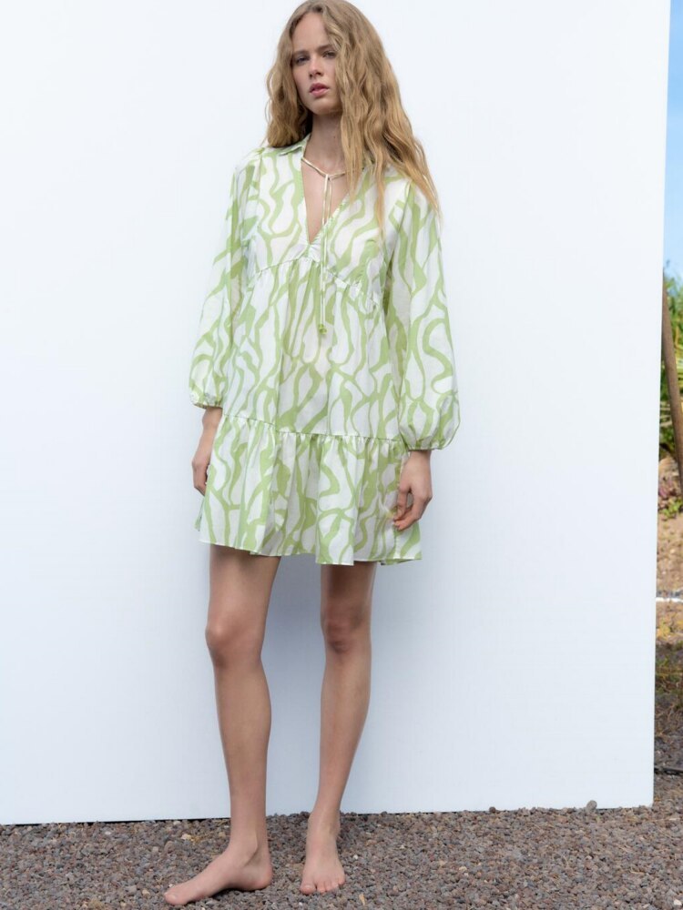 Women's Clothing V-neck Layered Decoration Loose Print Short Dress With Bow Tie-chiquechics
