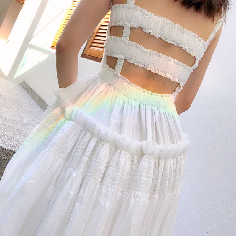 French retro white camisole backless pleated skirt with cinched waist and long style slimming dress-chiquechics