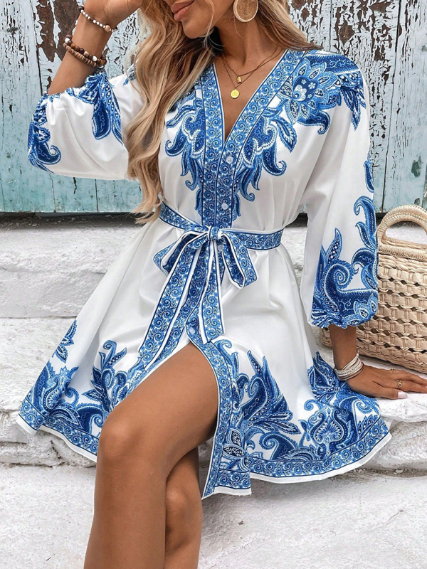 New Printed V-Neck Three-Quarter Sleeve Tie-Waist Dress-chiquechics