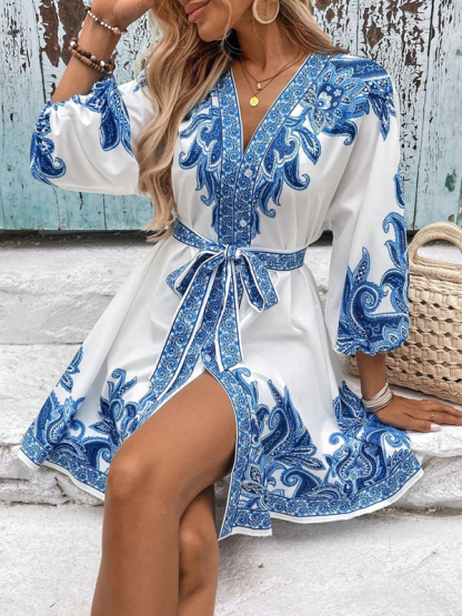 New Printed V-Neck Three-Quarter Sleeve Tie-Waist Dress-chiquechics