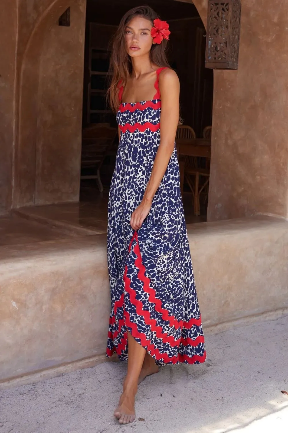 Printed Square Neck Wide Strap Maxi Dress-chiquechics