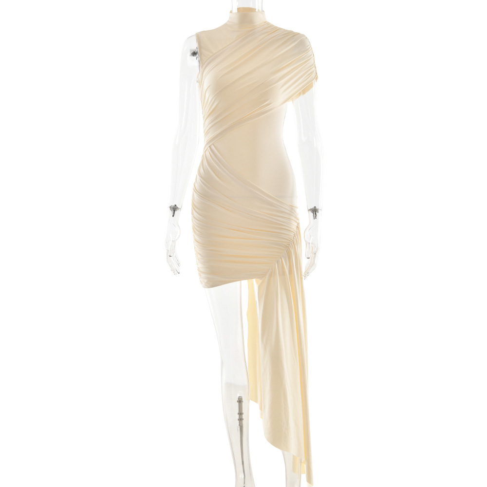European and American slim fit ribbon dress with round neck pleats irregular hips sleeveless dress-chiquechics