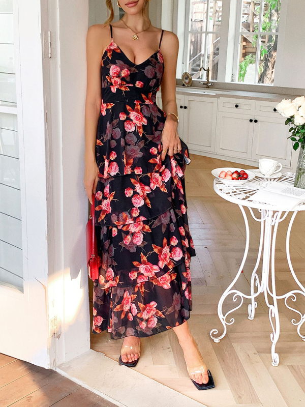 Elegant style sling black bottom pink flower melaleuca dress-chiquechics