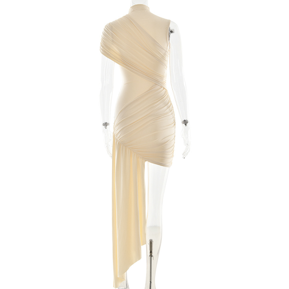 European and American slim fit ribbon dress with round neck pleats irregular hips sleeveless dress-chiquechics