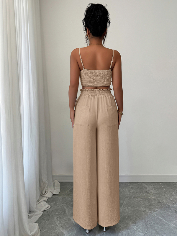 Light beige suspender vest wide-leg pants two-piece suit-chiquechics