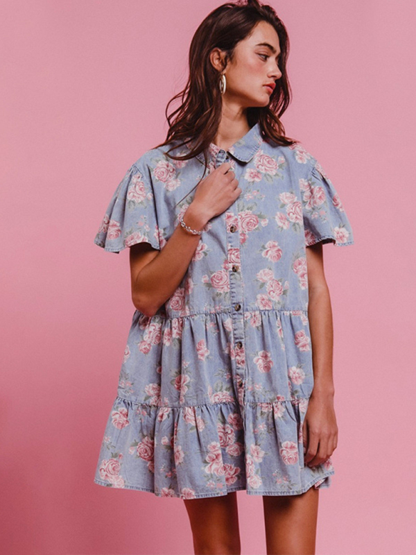 Light blue floral print denim A-line lapel shirt dress-chiquechics