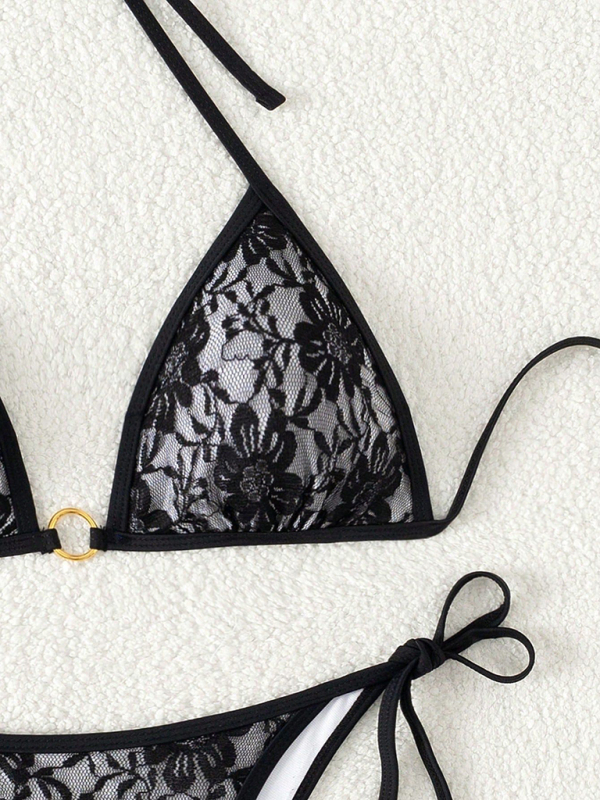 Black lace halter bikini swimwear-chiquechics