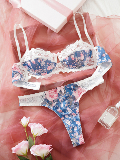 Sexy women's small floral lace patchwork printed underwear set-chiquechics