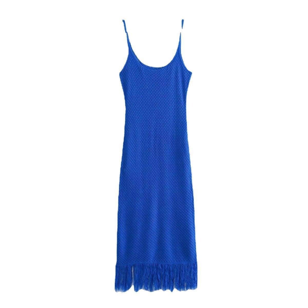 ummer Sexy Dresses Woman Trendy Blue Square Collar Tassel Decorate Sleeveless Pullover Female Knitting Long Dresses-chiquechics