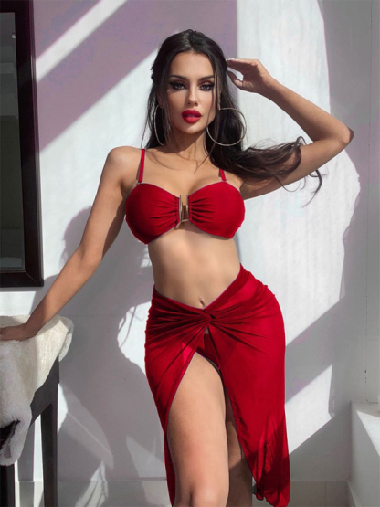Swimsuit solid color three-piece bikini U-shaped decoration Swimsuit-chiquechics