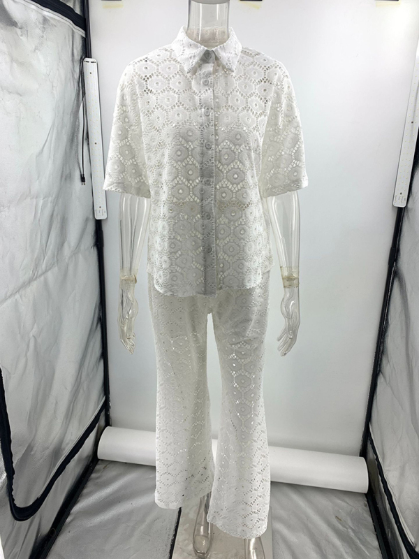 New Fashion Lapel Hollow Lace Short Sleeve Top Trousers Set-chiquechics