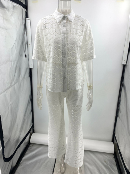 New Fashion Lapel Hollow Lace Short Sleeve Top Trousers Set-chiquechics