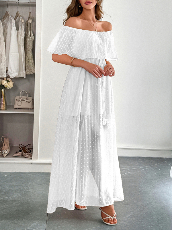 Elegant Strapless Waisted Short Sleeve Long Dress-chiquechics