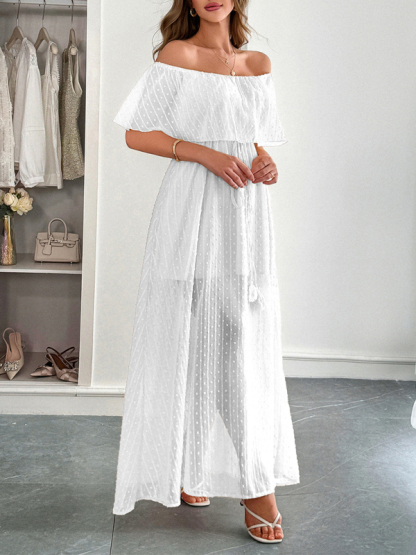 Elegant Strapless Waisted Short Sleeve Long Dress-chiquechics