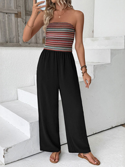Casual simple jumpsuit elastic stitching striped jumpsuit-chiquechics