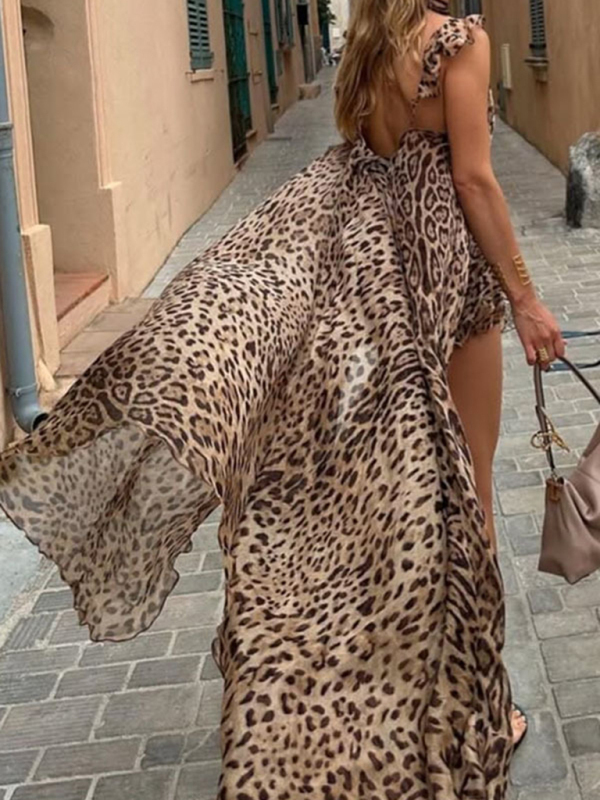 New chiffon printed suspender long skirt holiday loose leopard print two-piece set-chiquechics