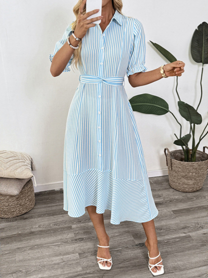 Shirt-style puff sleeve lapel striped dress-chiquechics