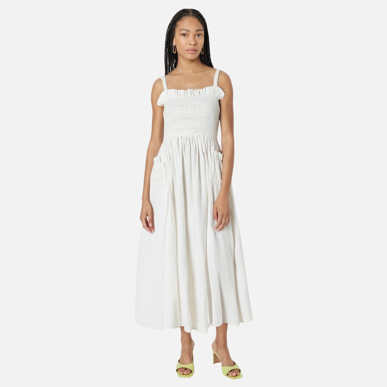 French retro white camisole backless pleated skirt with cinched waist and long style slimming dress-chiquechics
