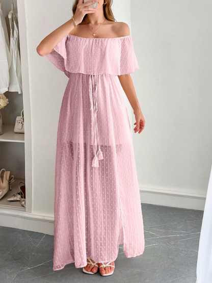 Elegant Strapless Waisted Short Sleeve Long Dress-chiquechics