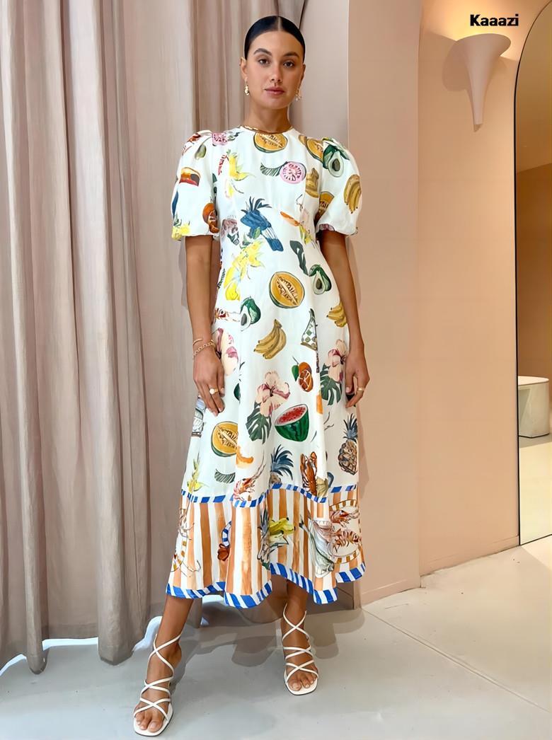 Short Sleeve Fashion Vintage Print Maxi Dress Casual Summer Round Neck Puff Sleeve Loose Women Long Dress Slim Fit Elegant Robe-chiquechics