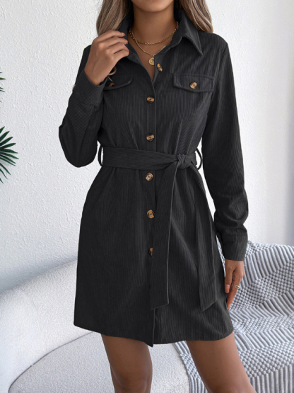 Casual solid color single-breasted long-sleeved tie corduroy shirt dress-chiquechics