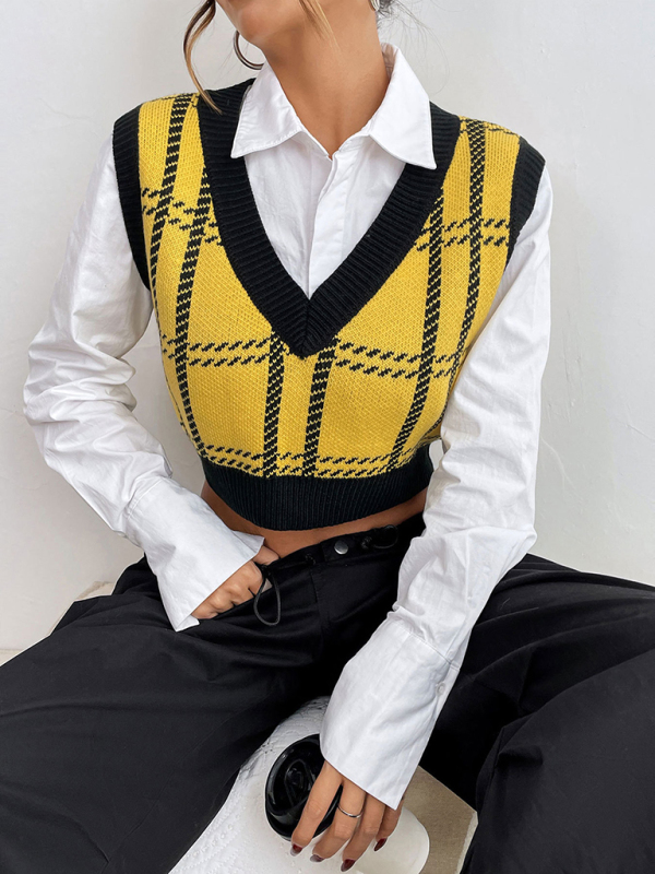 V-neck woolen checked vest-chiquechics