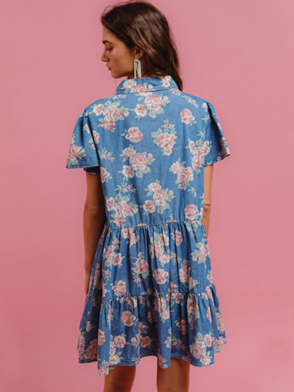 Blue Floral Print Denim A-Line Lapel Shirt Dress-chiquechics