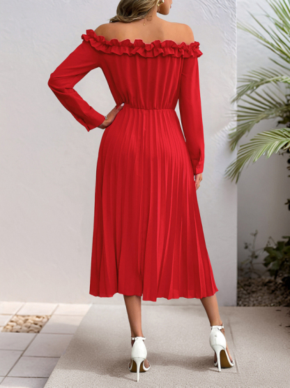 Party elegant sweet style one shoulder long sleeve solid color women's dress-chiquechics