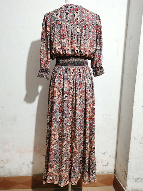 Three-quarter sleeve waisted Bohemian casual holiday beach dress-chiquechics