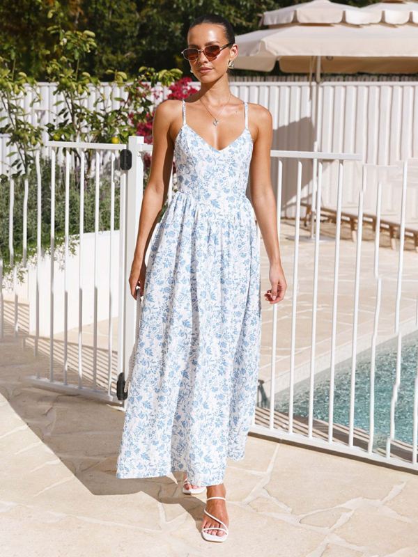 New V-neck waist holiday long dress sexy backless bow tie dress-chiquechics