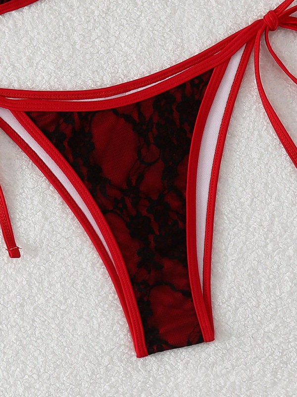 Black lace and red backless bikini swimwear-chiquechics