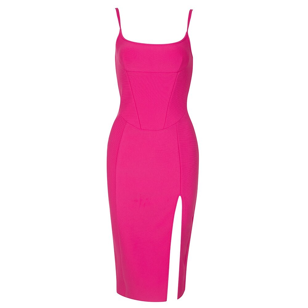 Chic Summer Dresses Women Sexy Square Collar Hot Pink Slip Mini Dress Celebrity Party Club Bandage Dress-chiquechics