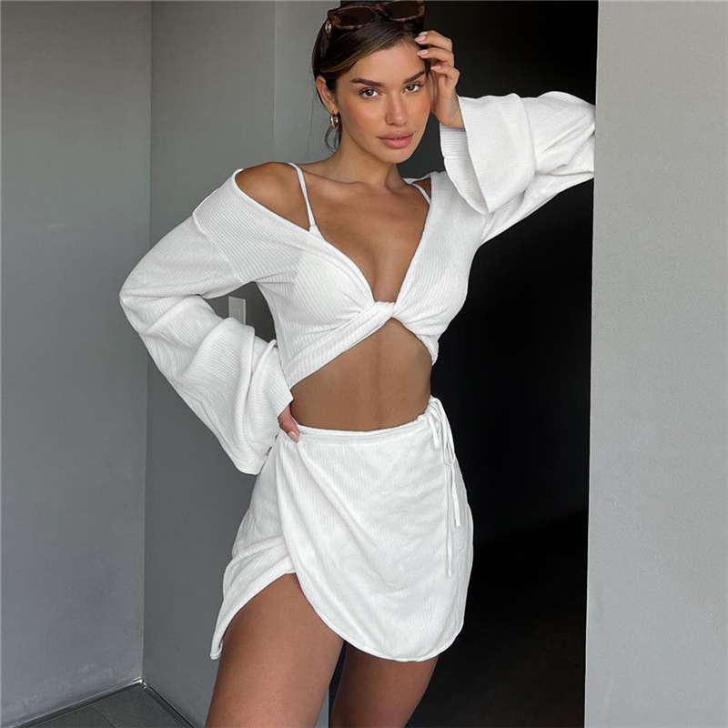 Autumn New Women's Fashion Long Sleeve V-Neck Open Navel T-shirt Slim Wrap Hip Skirt Set-chiquechics