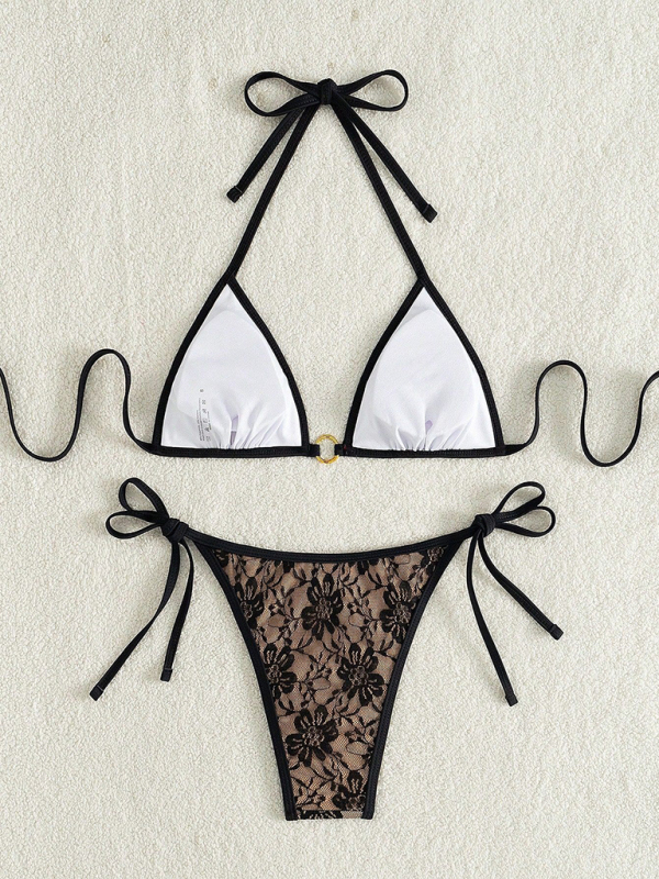 Black lace halter top with floral pattern and nude bikini-chiquechics