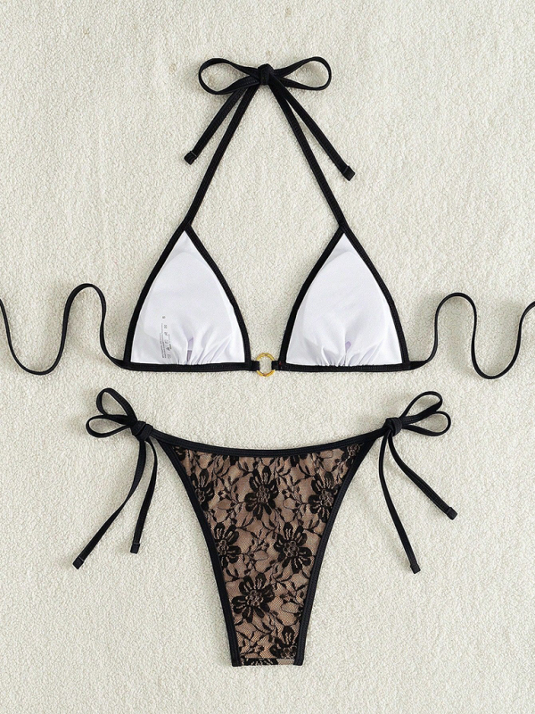 Black lace halter top with floral pattern and nude bikini-chiquechics