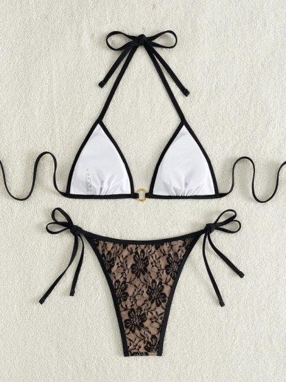 Black lace halter top with floral pattern and nude bikini-chiquechics