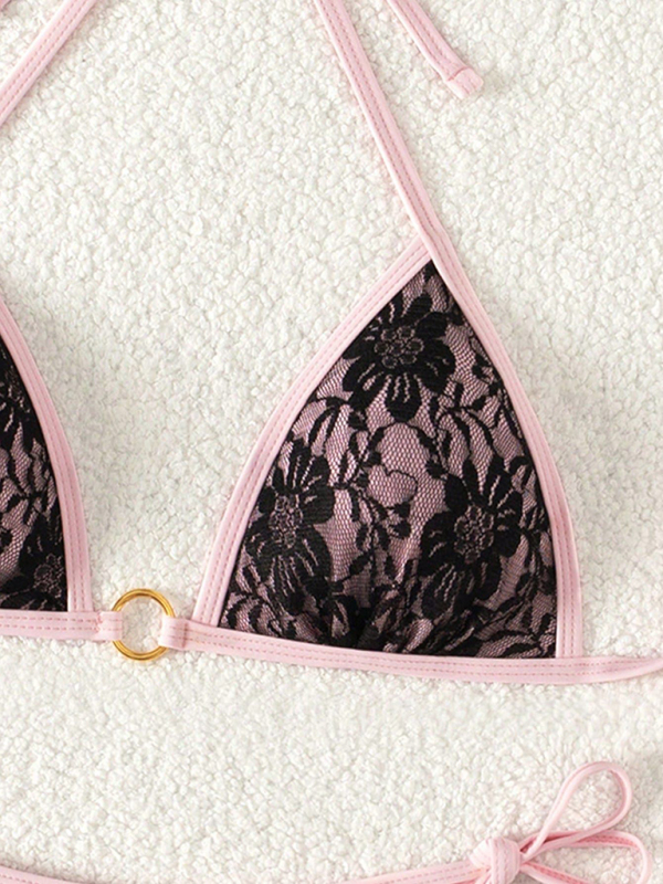 Black lace and pink backless bikini swimwear