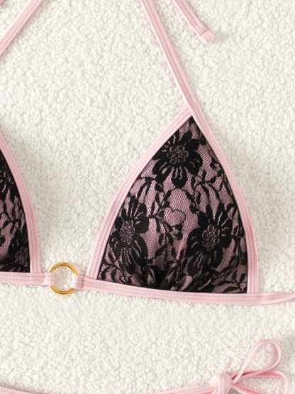 Black lace and pink backless bikini swimwear-chiquechics
