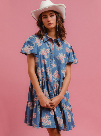 Blue Floral Print Denim A-Line Lapel Shirt Dress-chiquechics