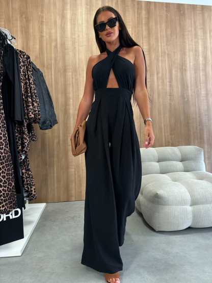 Solid color sleeveless off-shoulder sexy halter neck waist jumpsuit-chiquechics