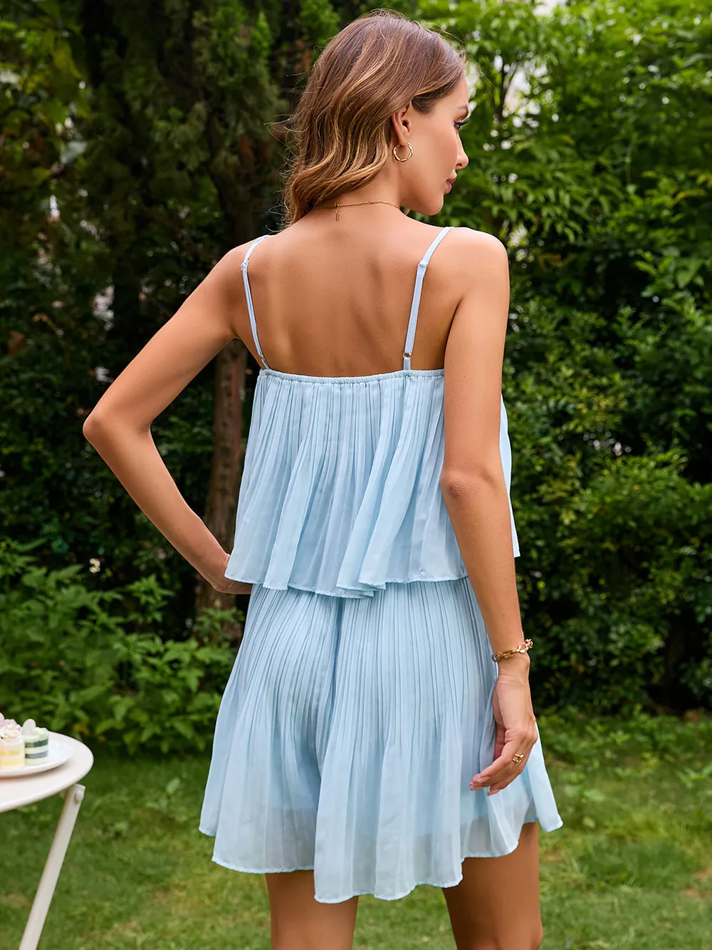 Solid color suspender dress with two layers of lotus leaf A-line skirt-chiquechics