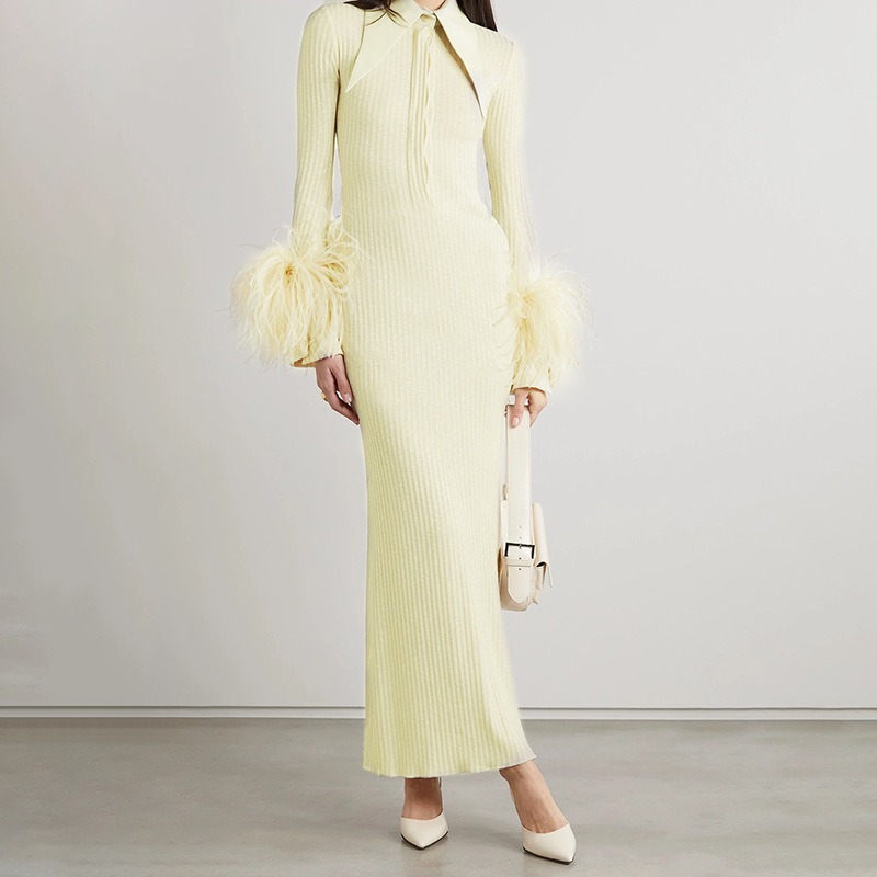 Light Yellow Dress Women Elegant Bandage Long Sleeve Feather Design Party Dress Vestidos-chiquechics