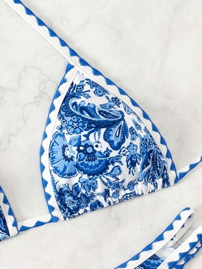 Blue Printed Halter Neck Sexy Bikini swimwear-chiquechics